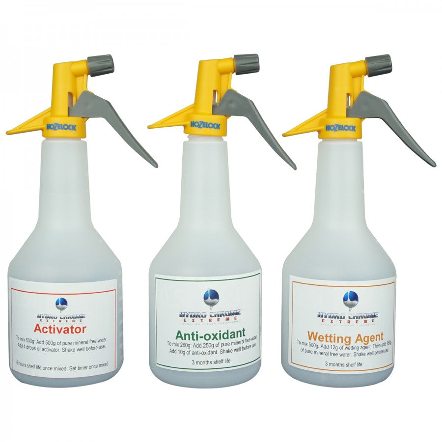 Hydrochrome Extreme® - Hose lock Trigger Sprayer Bottles We would recommend using theses hose lock bottles when spraying on the Hydrochrome Extreme wetting agent, activator, anti oxidant, out of all the brands we used these work the best without creating contamination from the internals of the trigger heads.